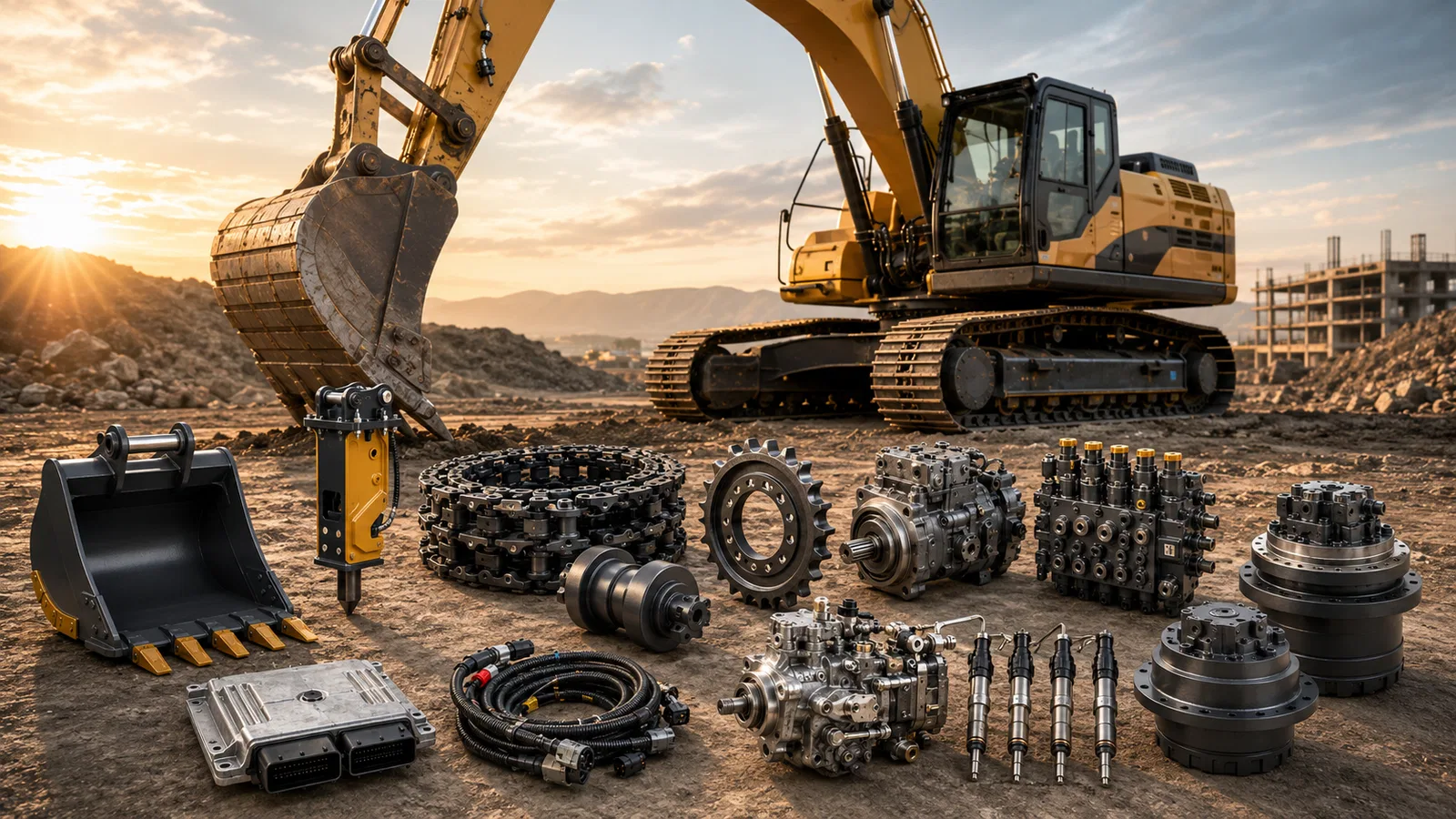 Excavator at a construction site with common excavator parts arranged in front