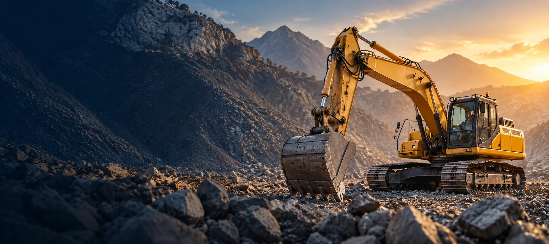 Yellow excavator working in a mountain quarry at sunset